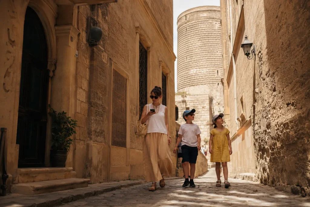 Baku family trip walk through Icherisheher's cobblestone Old City lanes