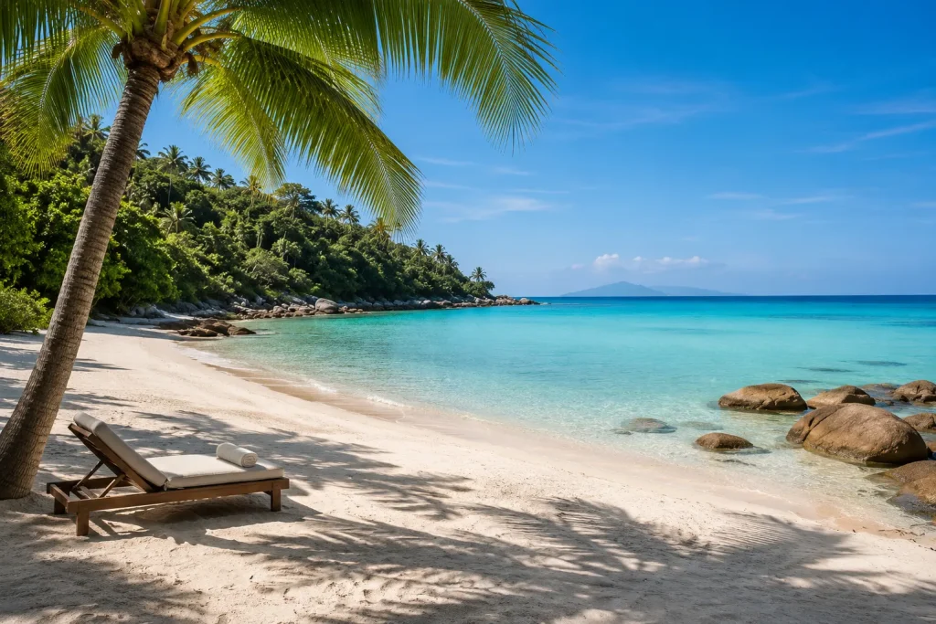 Quiet white sand beach with lounger and palm tree, Koh Samui wellness retreat safe coastline