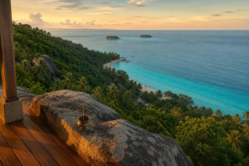 Sunset view over southern coastline from hillside deck, Koh Samui wellness retreat sanctuary