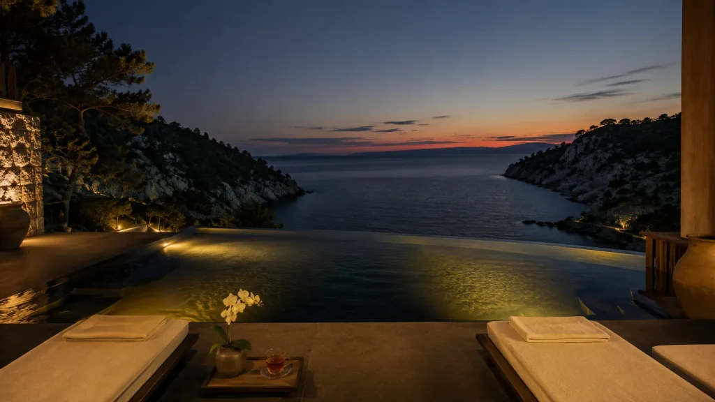 Luxury infinity pool at an Aegean coast spa resort in Turkey at dusk with dark blue sea and limestone cliffs beyond | Turkey wellness retreat from pakistan