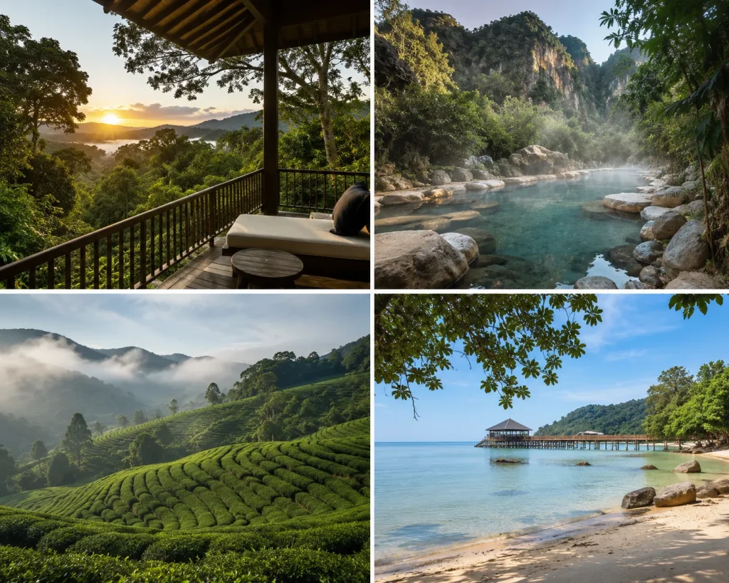 Malaysia wellness retreat options for Pakistani families The Datai Langkawi rainforest spa Banjaran Hotsprings Ipoh Cameron Highlands tea estate and Langkawi beach