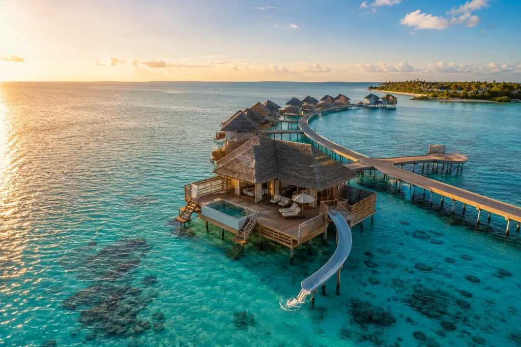 Aerial view of overwater villas in the Maldives perfect for a family summer trip | Maldives family resort