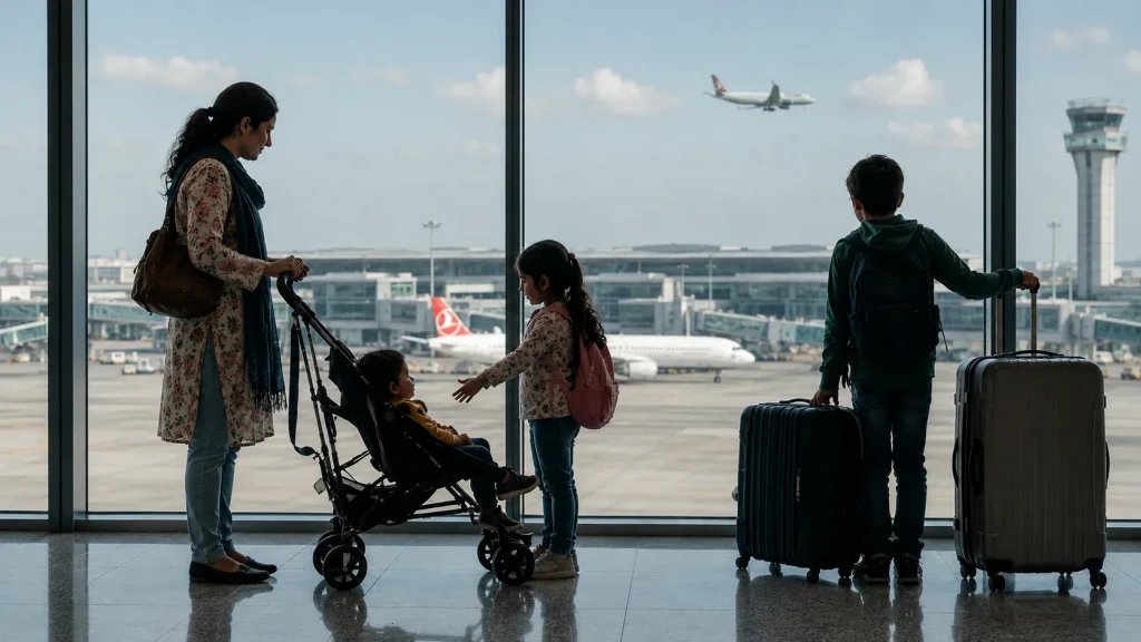 Pakistani family at the airport in summer flights, cheapest time to fly summer summer