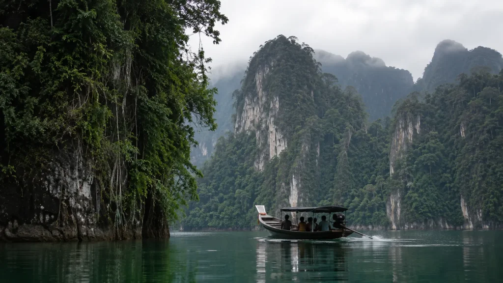 Longtail boat carrying family silhouettes across emerald Cheow Lan Lake with towering jungle limestone karst cliffs