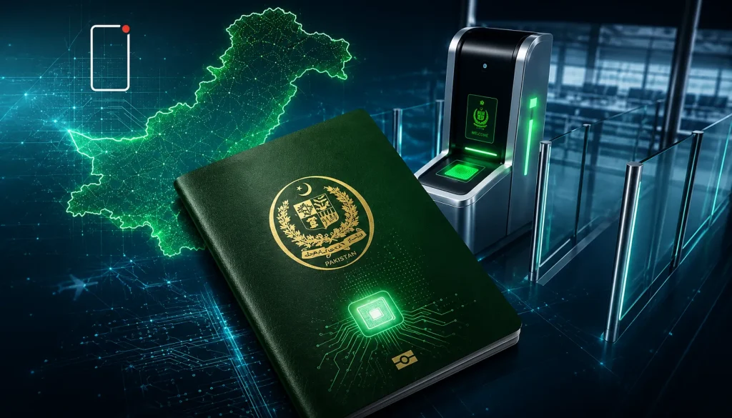 Pakistan e-passport biometric chip data page close-up, summer 2026 travel guide for families