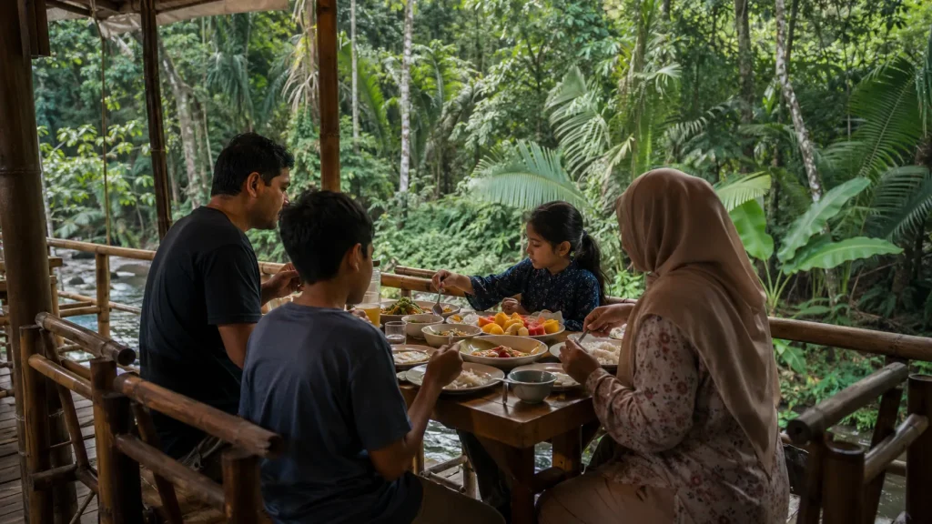 South Asian family having breakfast on a jungle lodge bamboo deck surrounded by dense rainforest in Khao Sok Thailand | Thailand jungle safari family