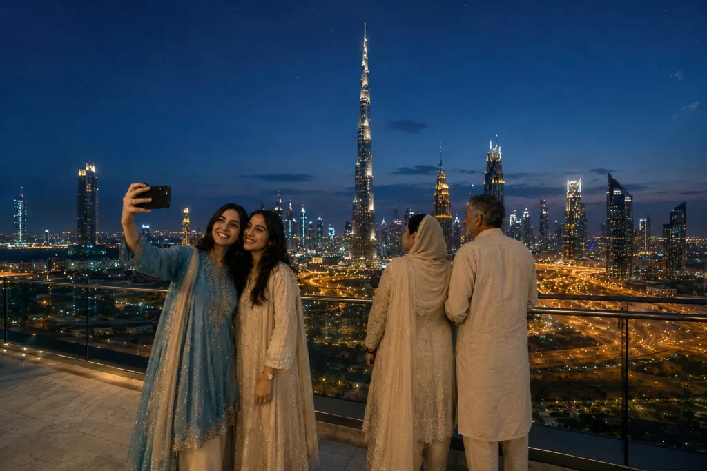 Pakistani Muslim family looking at Dubai skyline at dusk Dubai family summer trip