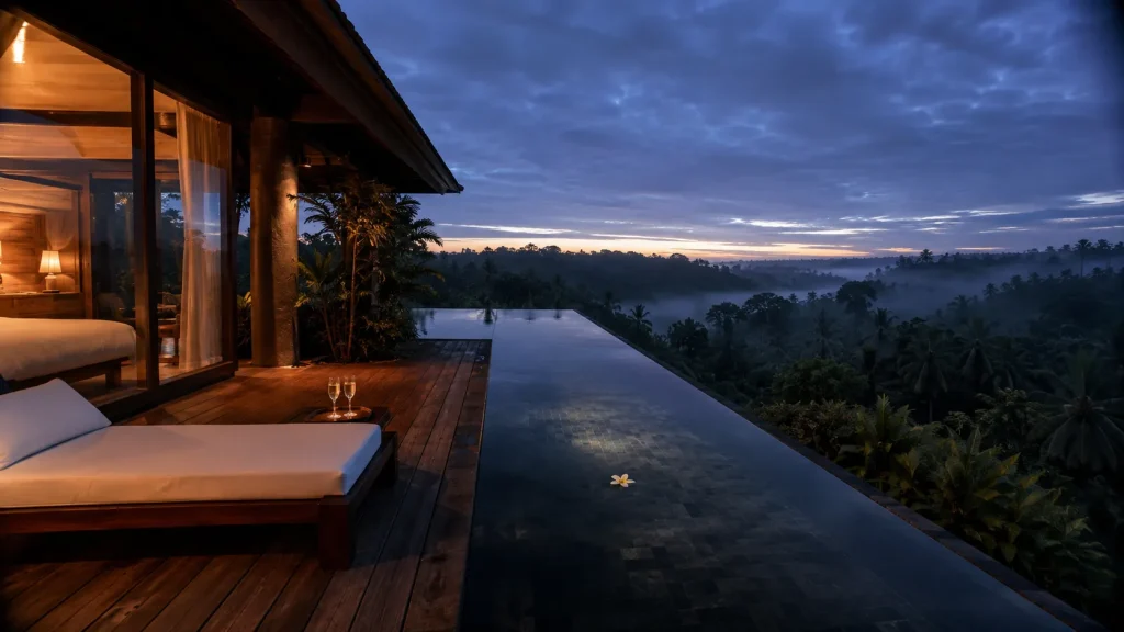 Private infinity pool villa in Ubud Bali at dawn overlooking misty jungle canopy with champagne flutes on the deck - Bali honeymoon from Pakistan