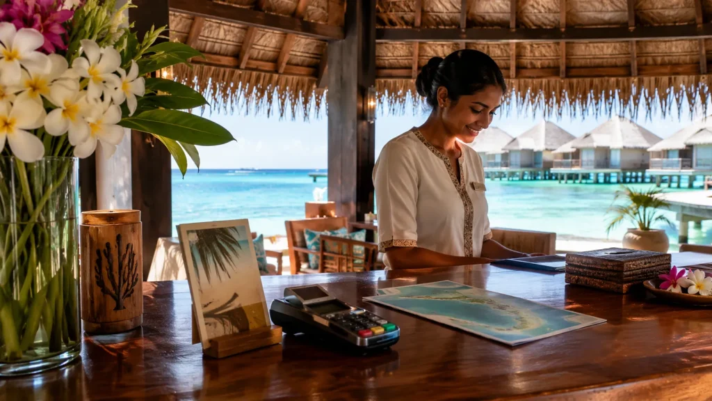 Maldives luxury resort open-air check-in counter with Maldivian staff and turquoise lagoon visible through arches | Maldives Visa for Pakistanis