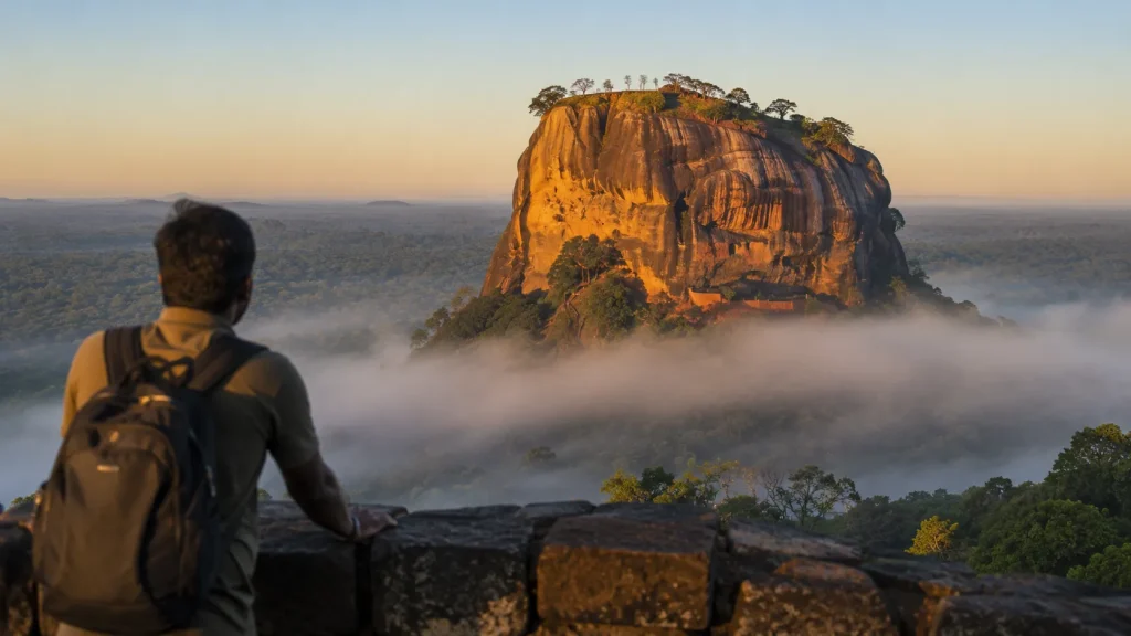 Solo traveller at dawn looking up at mist-covered Sigiriya Rock rising from jungle in Sri Lanka
