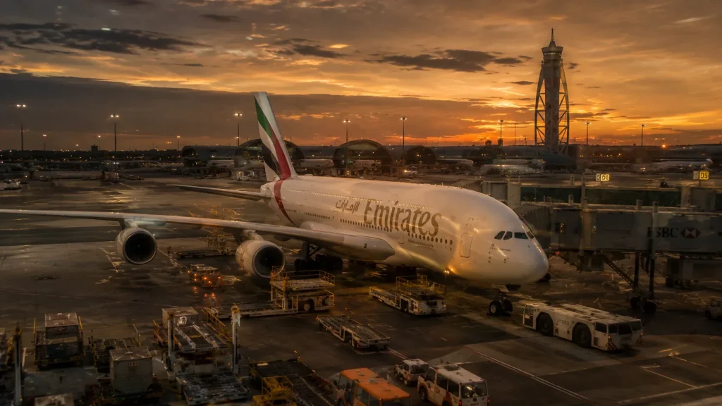 South Asian male traveller checking flight status on phone at a Gulf airport terminal with delayed departures board behind him Maldives visa for Pakistanis