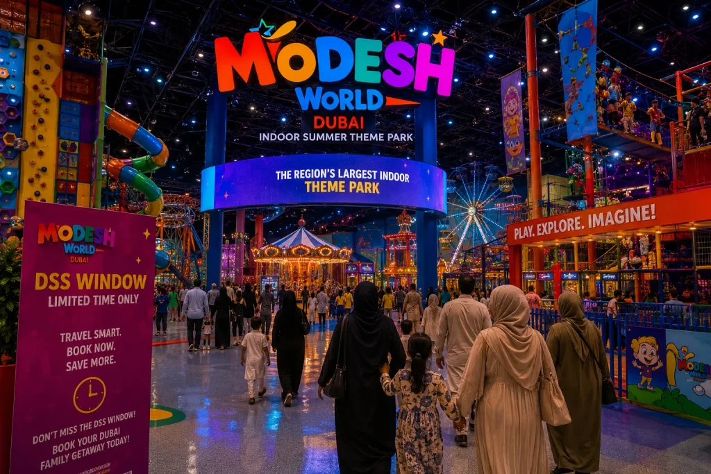 Modesh World Dubai Summer Surprises 2026 indoor kids entertainment for Pakistani families during July August Dubai summer trip, book before July rush with Zaviamo