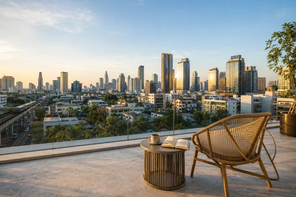 Bangkok rooftop terrace Thong Lo skyline view, Thailand DTV visa Pakistan remote work lifestyle