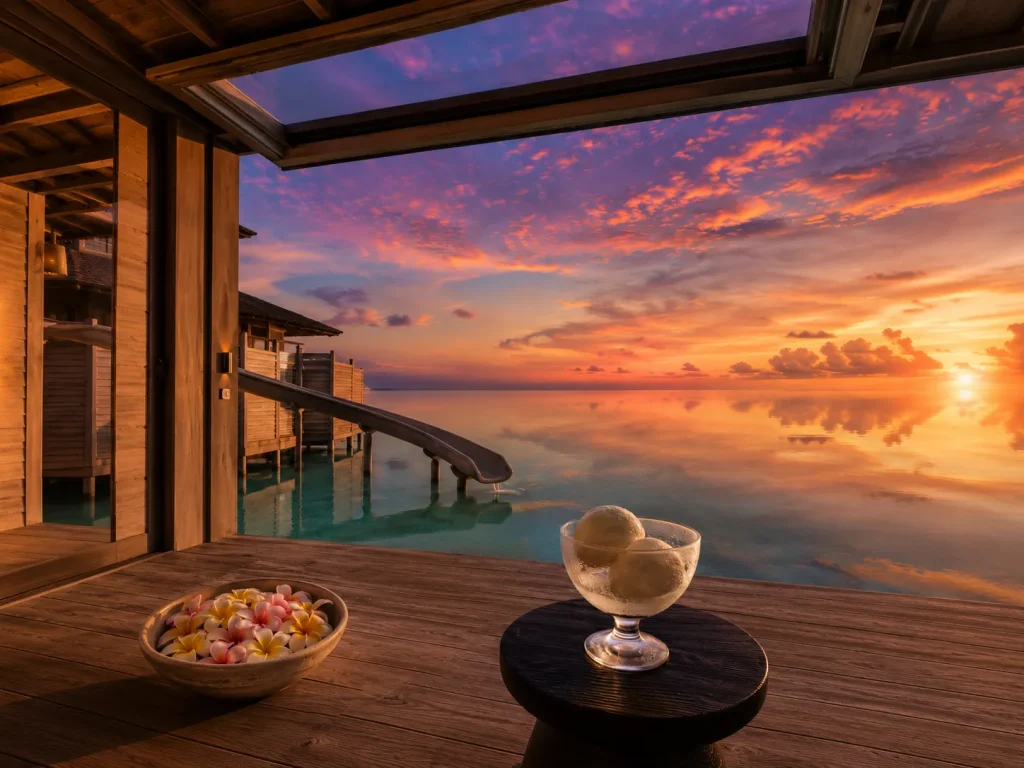 Soneva Jani room and floral and icecream bowl on the table | Maldives family resort