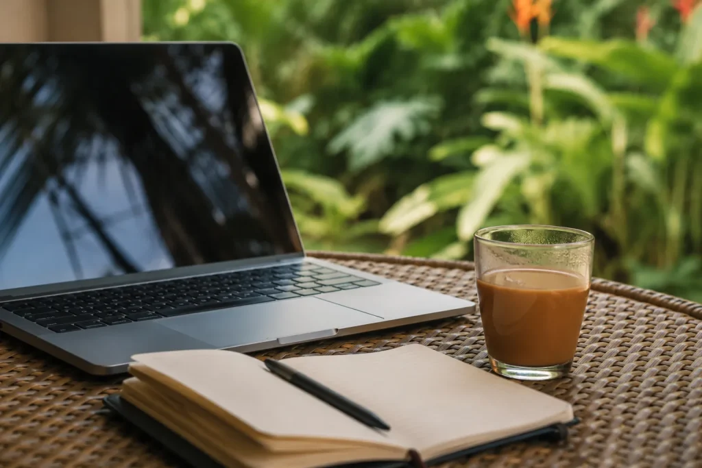 Laptop and notebook on rattan café table for Sri Lanka digital nomad visa planning