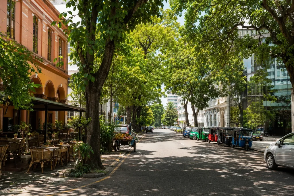 Sun-drenched Colombo street scene showing safe everyday life for Sri Lanka digital nomad visa residents