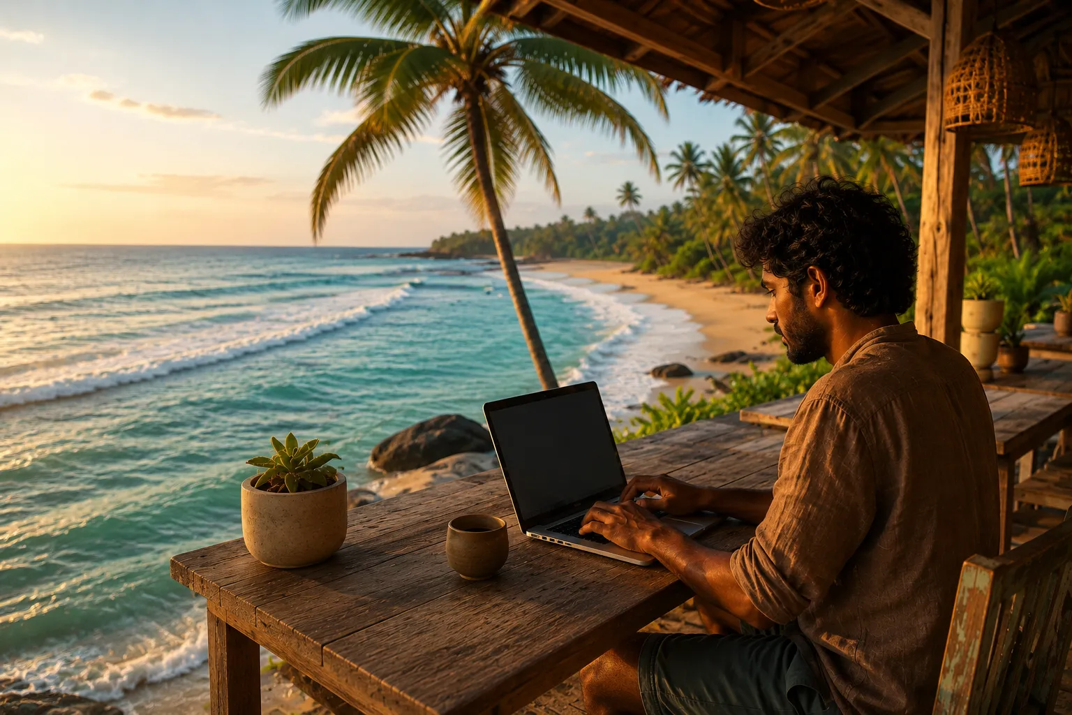 Pakistani remote worker on laptop at Sri Lanka beach café on digital nomad visa