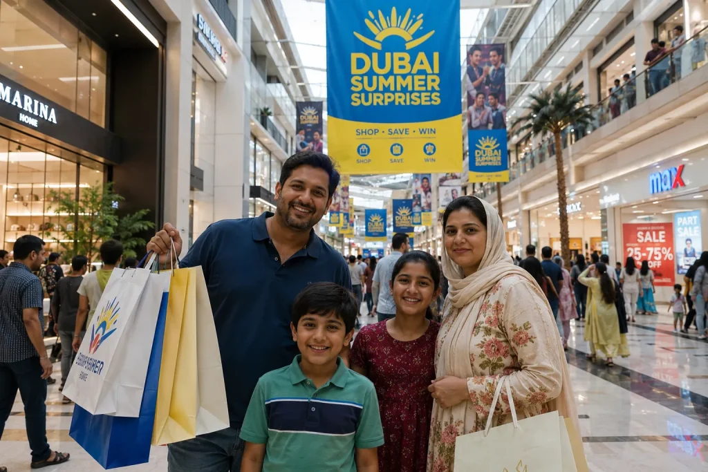 Pakistani Muslim family shopping at Dubai mall during Dubai Summer Surprises DSS 2026 family discounts kids entertainment and halal food, summer Dubai trip from Karachi