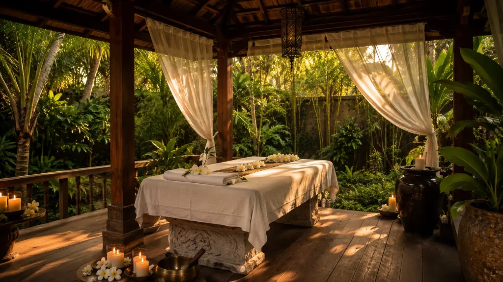 Open-air Thai spa pavilion with linen draped massage bed, candles, and frangipani at a jungle retreat