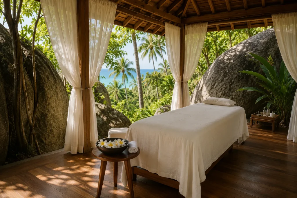 Open-air massage pavilion overlooking jungle and sea, Koh Samui wellness retreat treatment