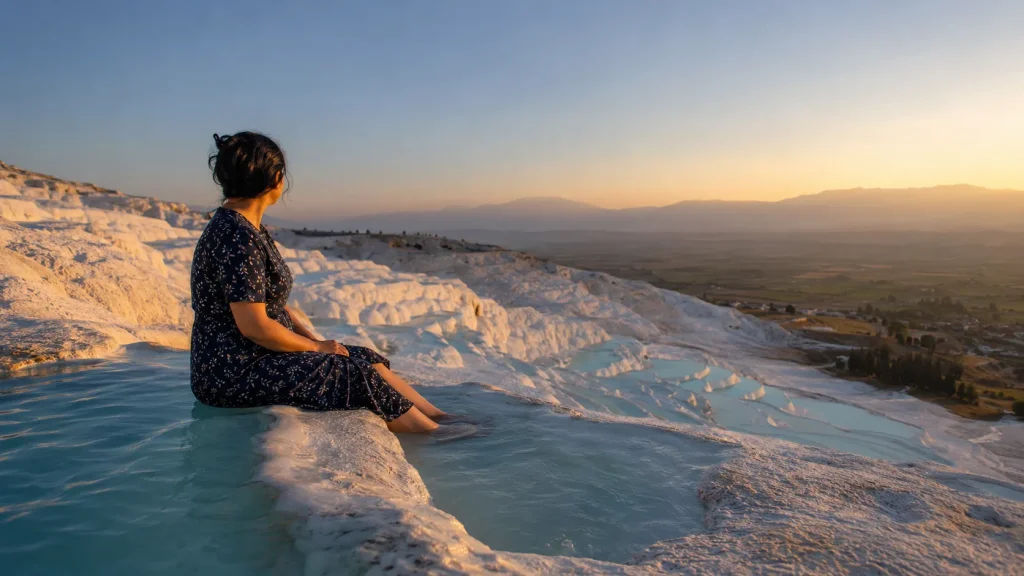 Pakistani woman sitting at the edge of a turquoise thermal pool on Pamukkale white travertine terraces at golden hour | Turkey wellness retreat