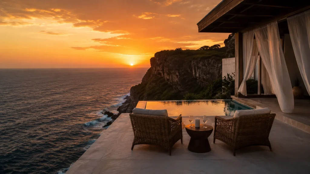 Cliff-edge villa terrace in Uluwatu Bali with plunge pool and two empty chairs facing dramatic Indian Ocean sunset | Bali honeymoon from Pakistan