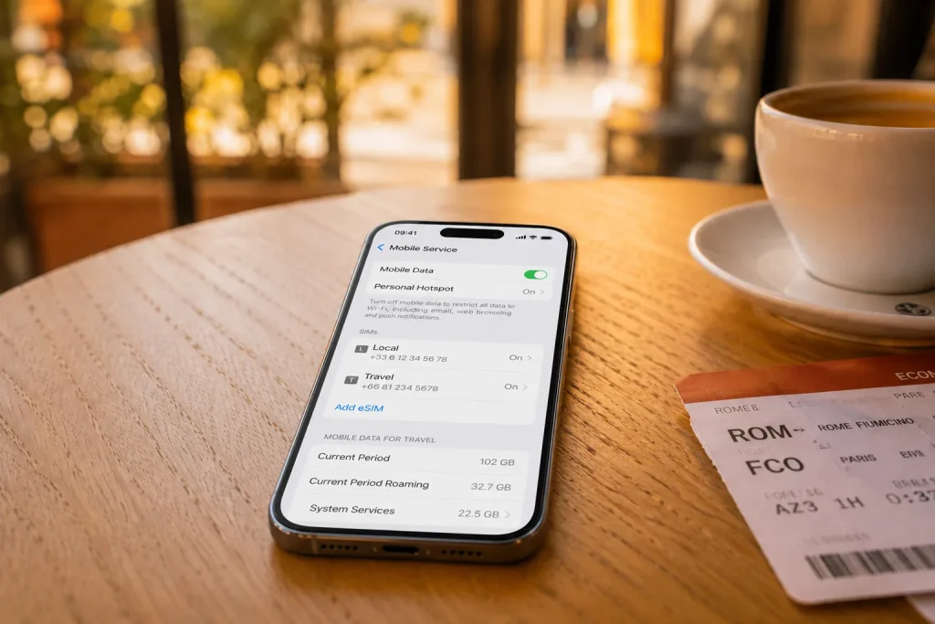 Smartphone showing dual eSIM settings on café table travel eSIM Pakistani families tips 2026