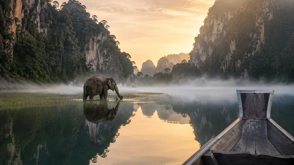 Wild Asian elephant wading in misty Cheow Lan Lake at sunrise surrounded by limestone karst cliffs in Khao Sok | Thailand jungle safari family
