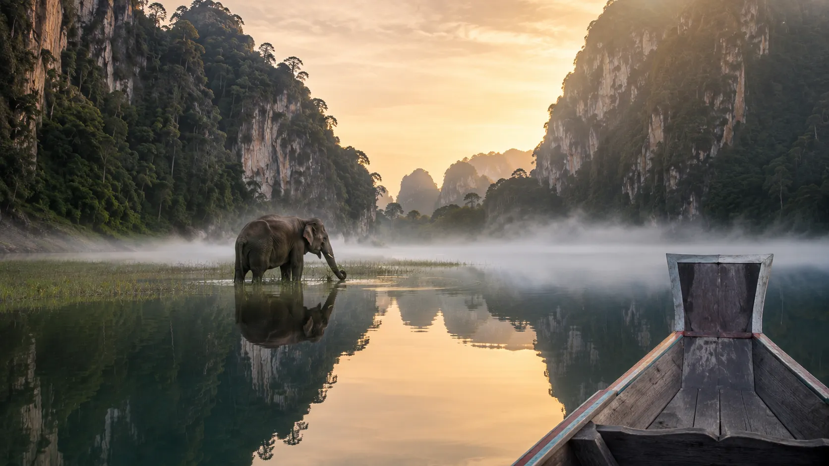Wild Asian elephant wading in misty Cheow Lan Lake at sunrise surrounded by limestone karst cliffs in Khao Sok | Thailand jungle safari family