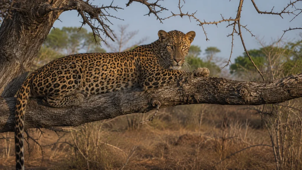 Wild Sri Lankan leopard lying on a low acacia branch in Yala National Park in warm late afternoon light | Sri Lanka Sustainable Travel