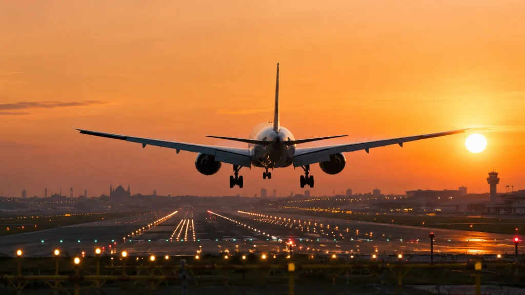 Airport tarmac at pre-dawn with Qatar Airways aircraft, summer flight deals