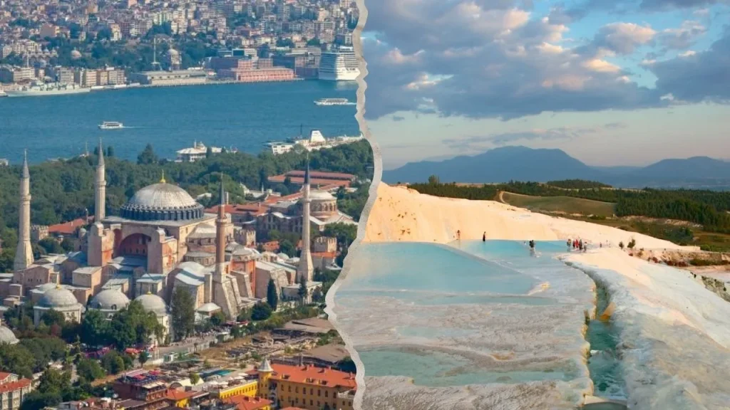 Split view of Hagia Sophia Istanbul and Pamukkale travertine pools Istanbul Pamukkale Turkey trip planning