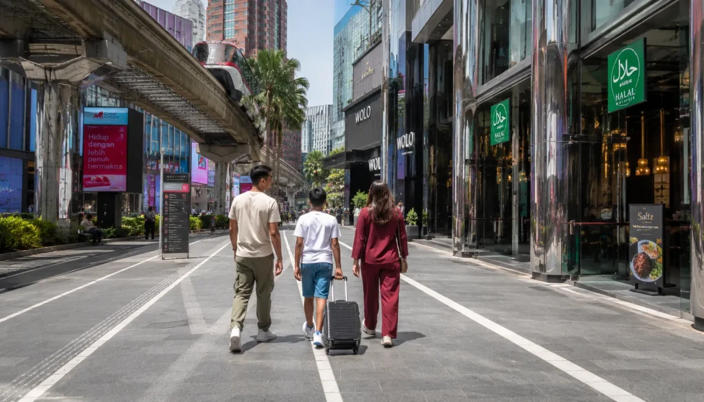 Family with luggage on Bukit Bintang KL with halal signs, Malaysia eVisa for Pakistanis checklist