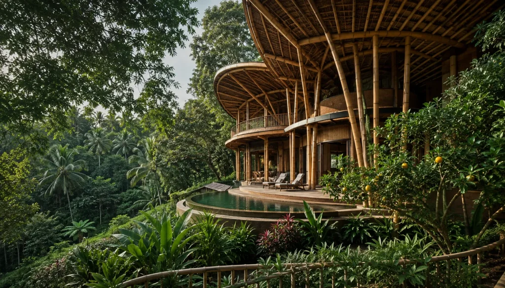 Bali eco-resorts like Ulaman use bamboo architecture to frame a jungle infinity pool