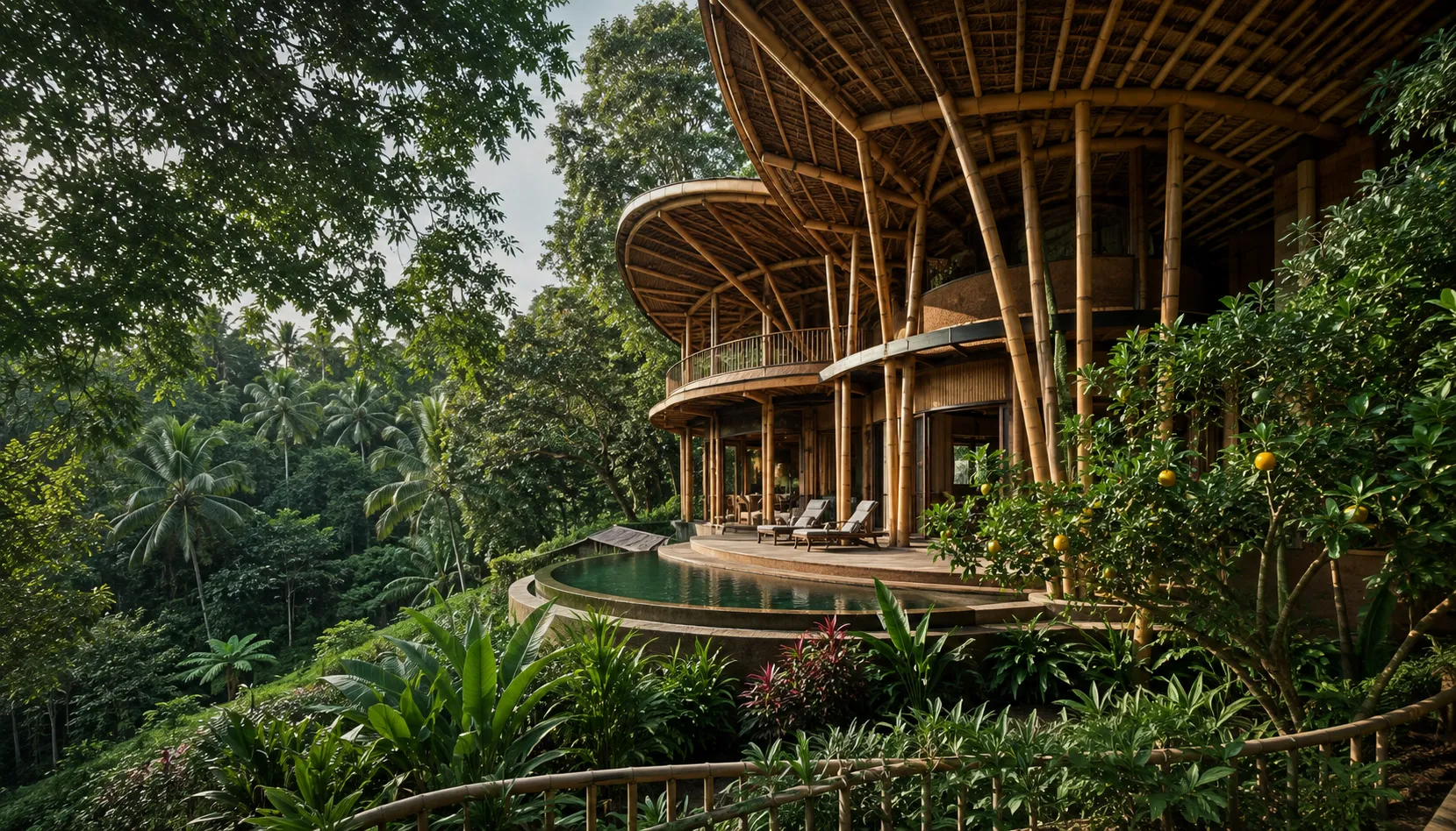 Bali eco-resorts like Ulaman use bamboo architecture to frame a jungle infinity pool