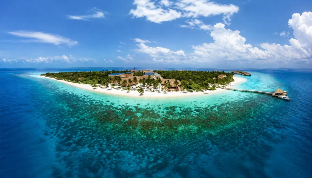 Aerial view of Bulgari Maldives opening resort island in Raa Atoll surrounded by turquoise reef