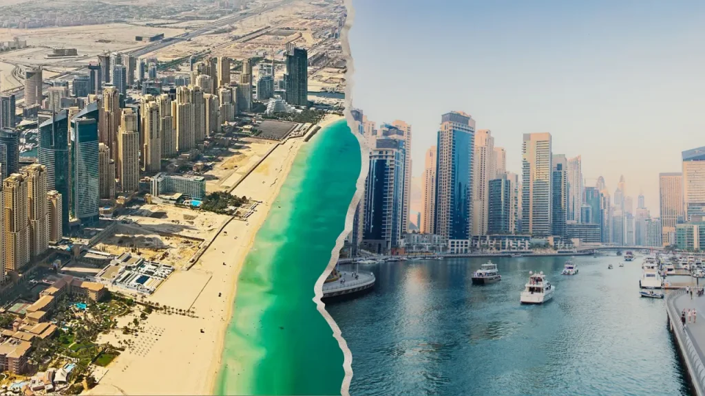 JBR beach aerial and Dubai Marina canal split view, UAE Virtual Work Visa family life Dubai