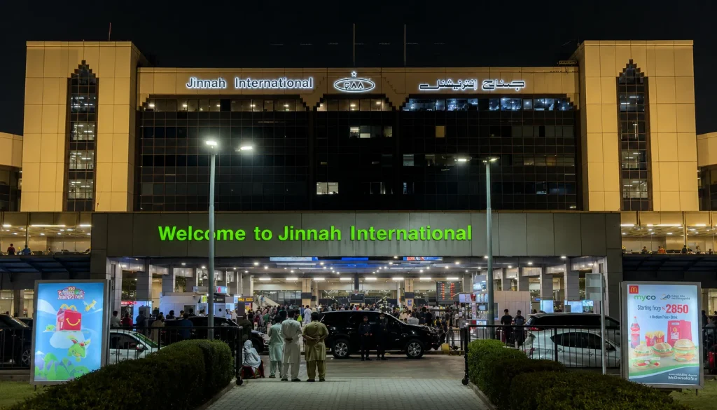 Cheap flights from Karachi begin at Jinnah International's busy nighttime terminal entrance