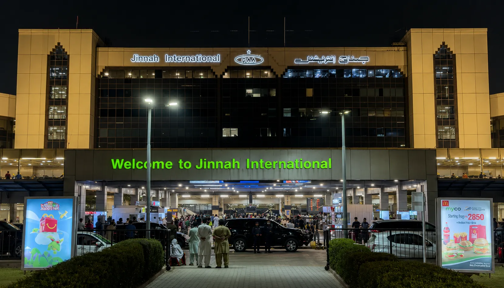 Cheap flights from Karachi begin at Jinnah International's busy nighttime terminal entrance