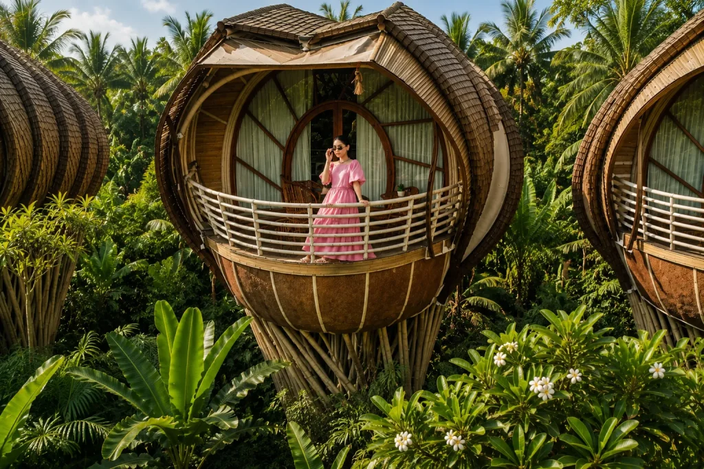 A bamboo treehouse balcony, the architecture behind Bali eco resorts