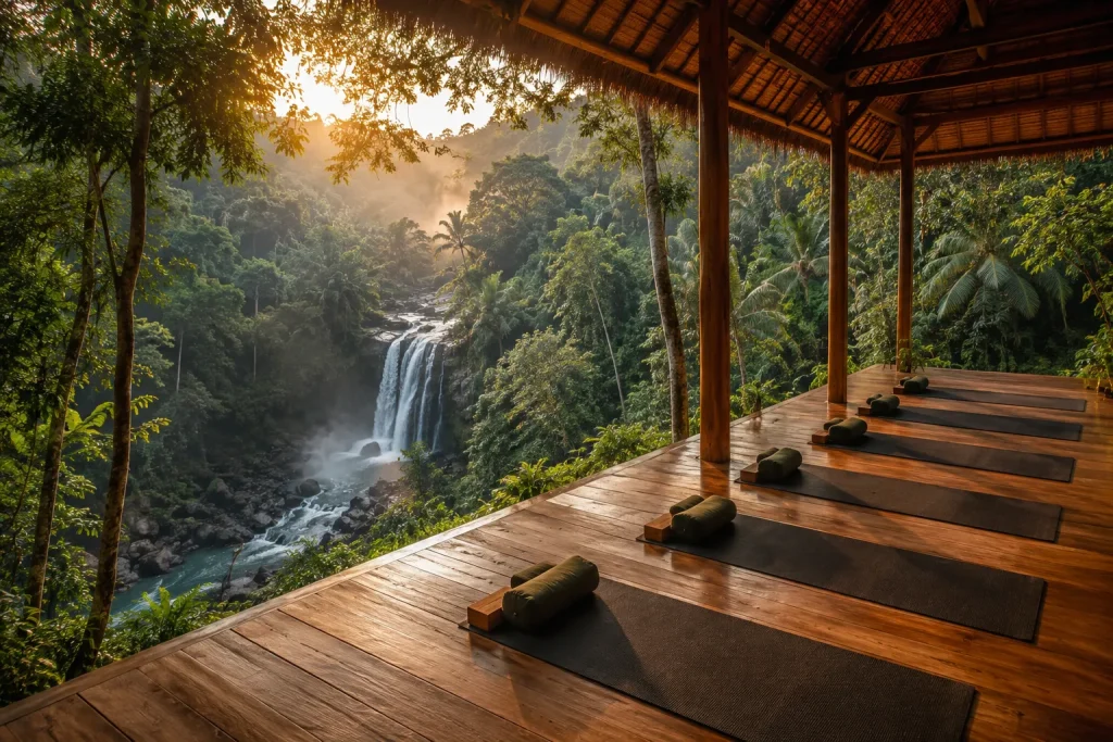 A jungle yoga deck at sunrise, the calm that well-planned Bali eco resorts deliver