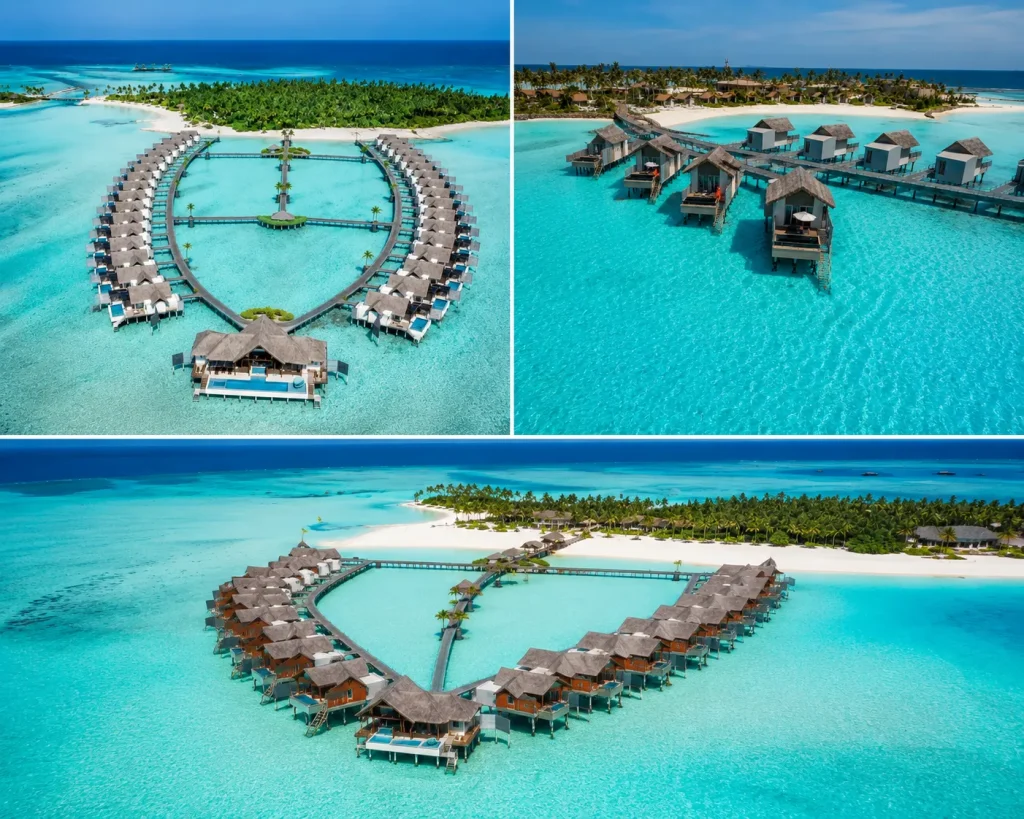 Aerial view of Maldives overwater villas arranged in a heart shape, ideal for multigenerational family stays | Maldives multigenerational Family villas