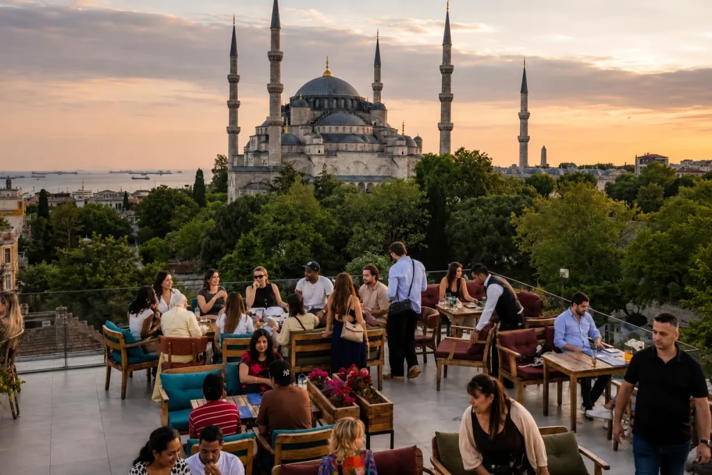 Rooftop terrace near the Blue Mosque, the old-city half of Istanbul luxury hotels split stays