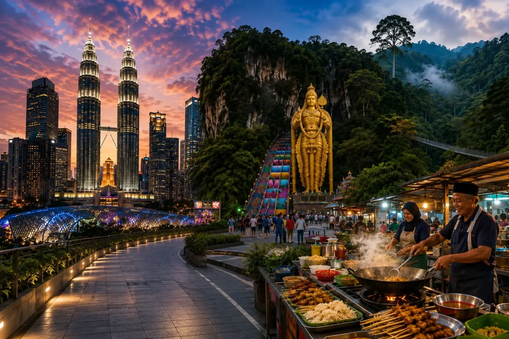 KL skyline Batu Caves and street food at dusk, Malaysia eVisa for Pakistanis safe travel guide