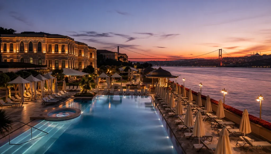 Istanbul luxury hotels: Ottoman palace infinity pool glowing at sunset on the Bosphorus