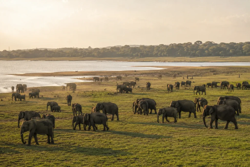 Wild elephant herds gathering at Minneriya reservoir during Sri Lanka's dry season
