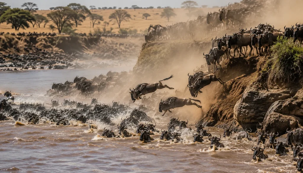 A Kenya safari from Dubai puts you five hours from this Mara River crossing spectacle