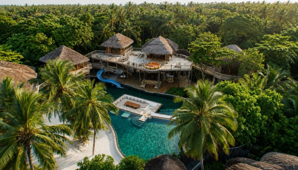 Multigenerational family villa in the Maldives with private pool, water slide and jungle-canopy view