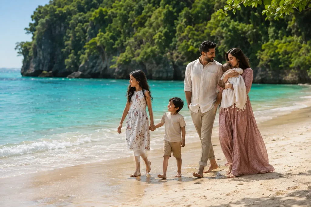 A modern family of five enjoys a calm Candidasa cove, safe for a Bali Pakistani passport trip