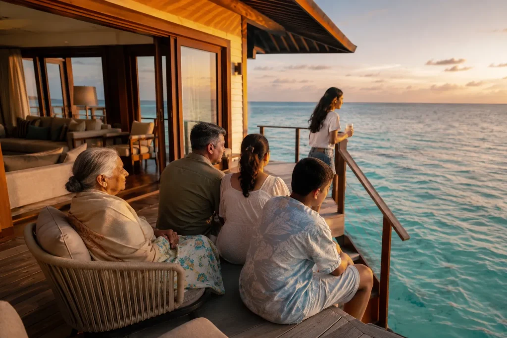 A multigenerational family relaxing together in a shared Maldives overwater villa at sunset